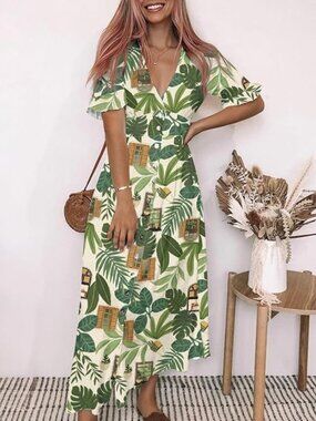 Summer Maxi Dress Ruffle Sleeve Button Beach Boho Flowy Sundress - NWOT - M
